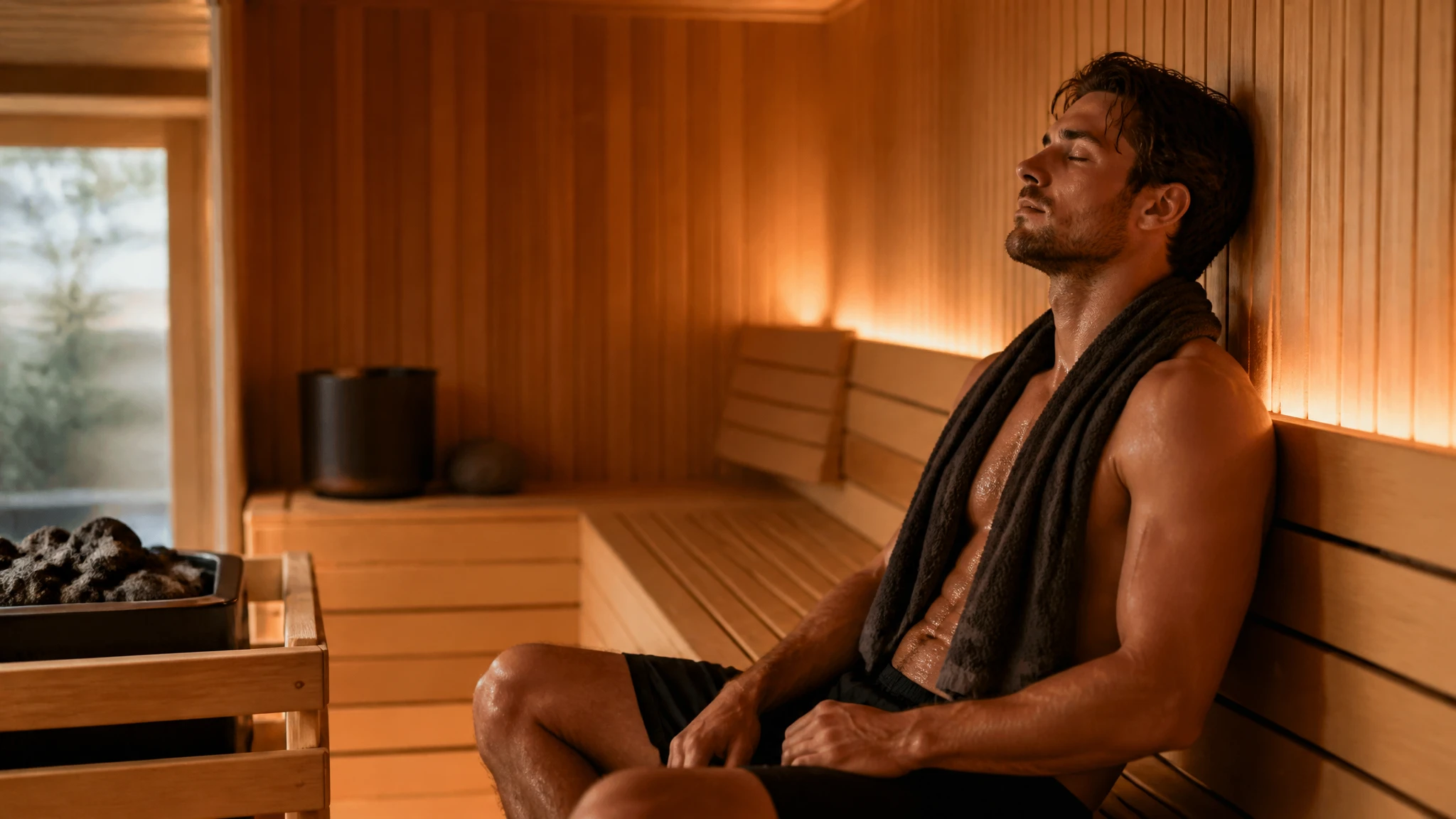 A warm and inviting modern wooden sauna interior used for muscle recovery.
