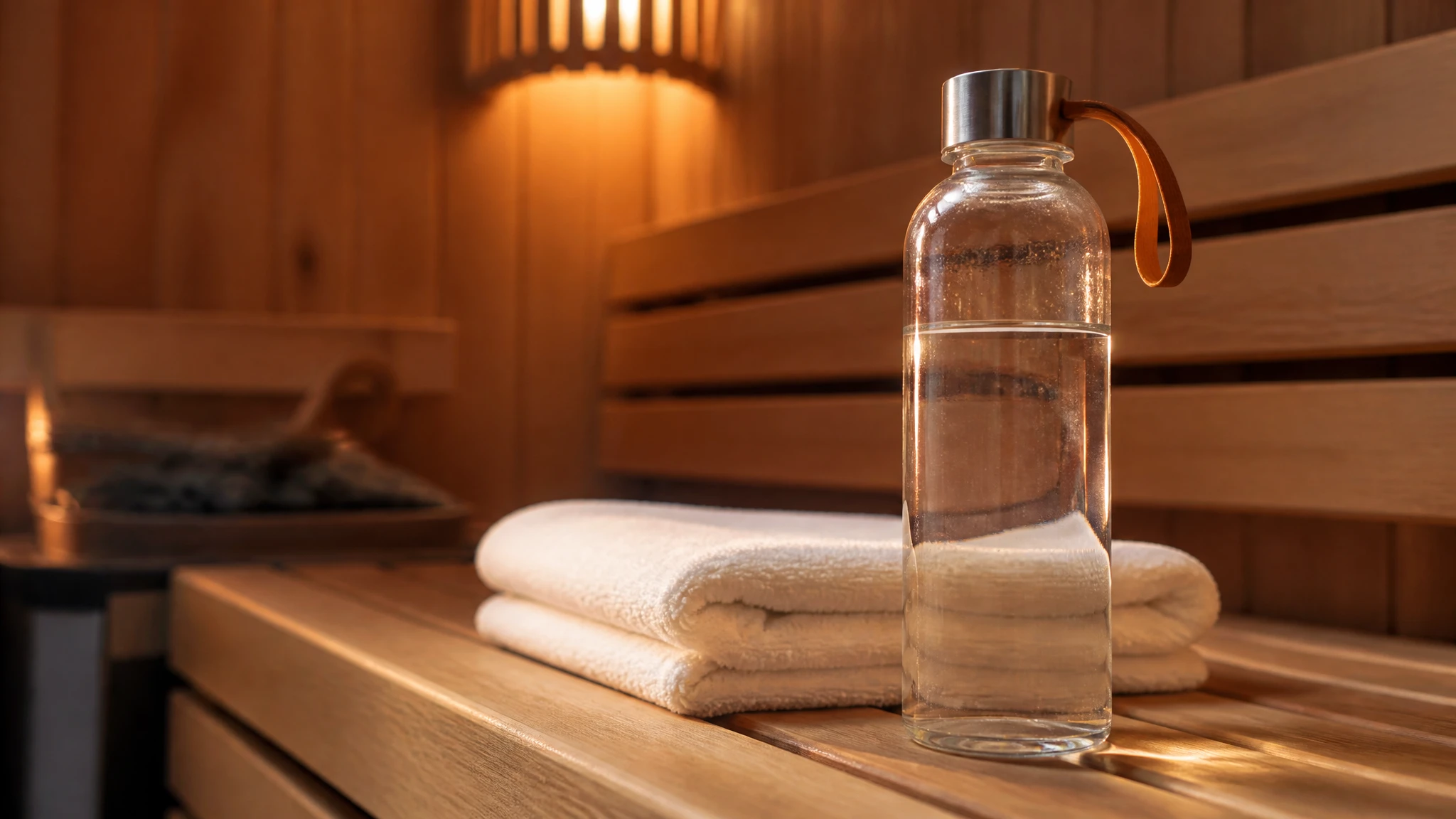 Glass water bottle on a wooden sauna bench