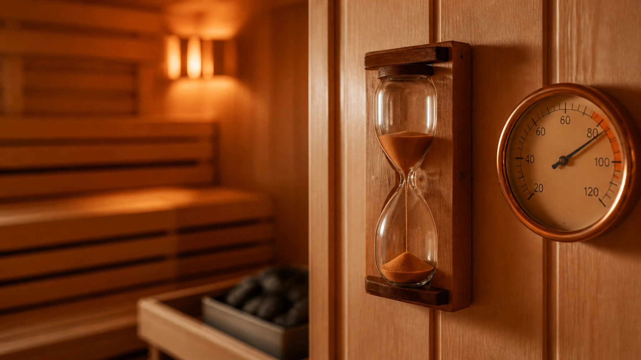 Traditional wooden sauna interior with an hourglass timer and thermometer