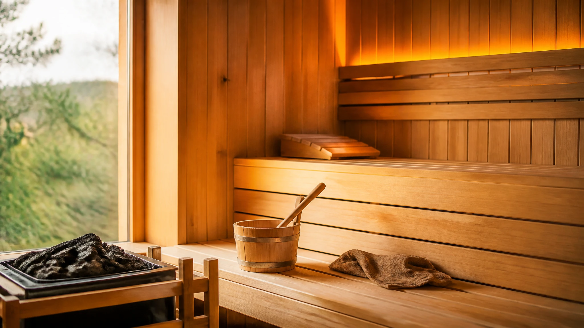 A warm and inviting modern traditional sauna interior