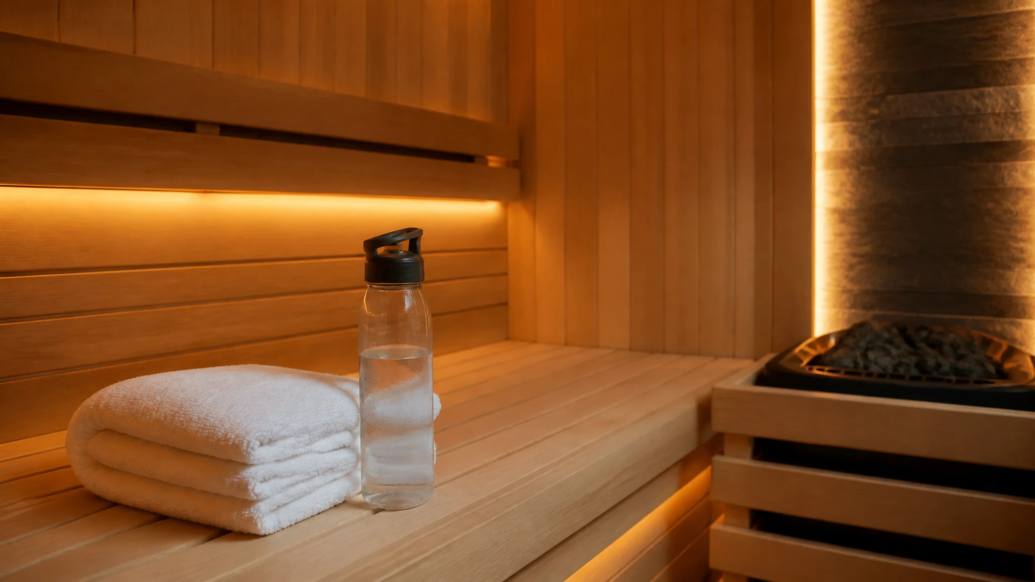 A modern wooden sauna interior with a towel and water bottle on the bench, representing workout recovery.