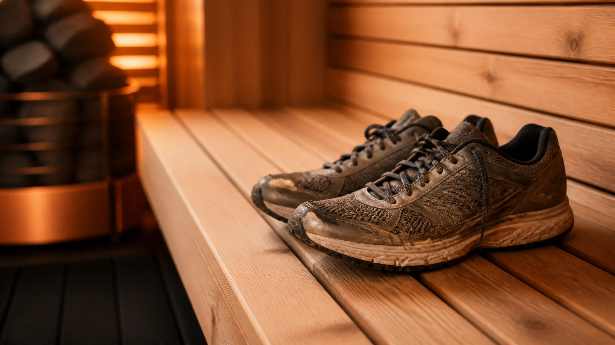 Running shoes sitting on a wooden sauna bench